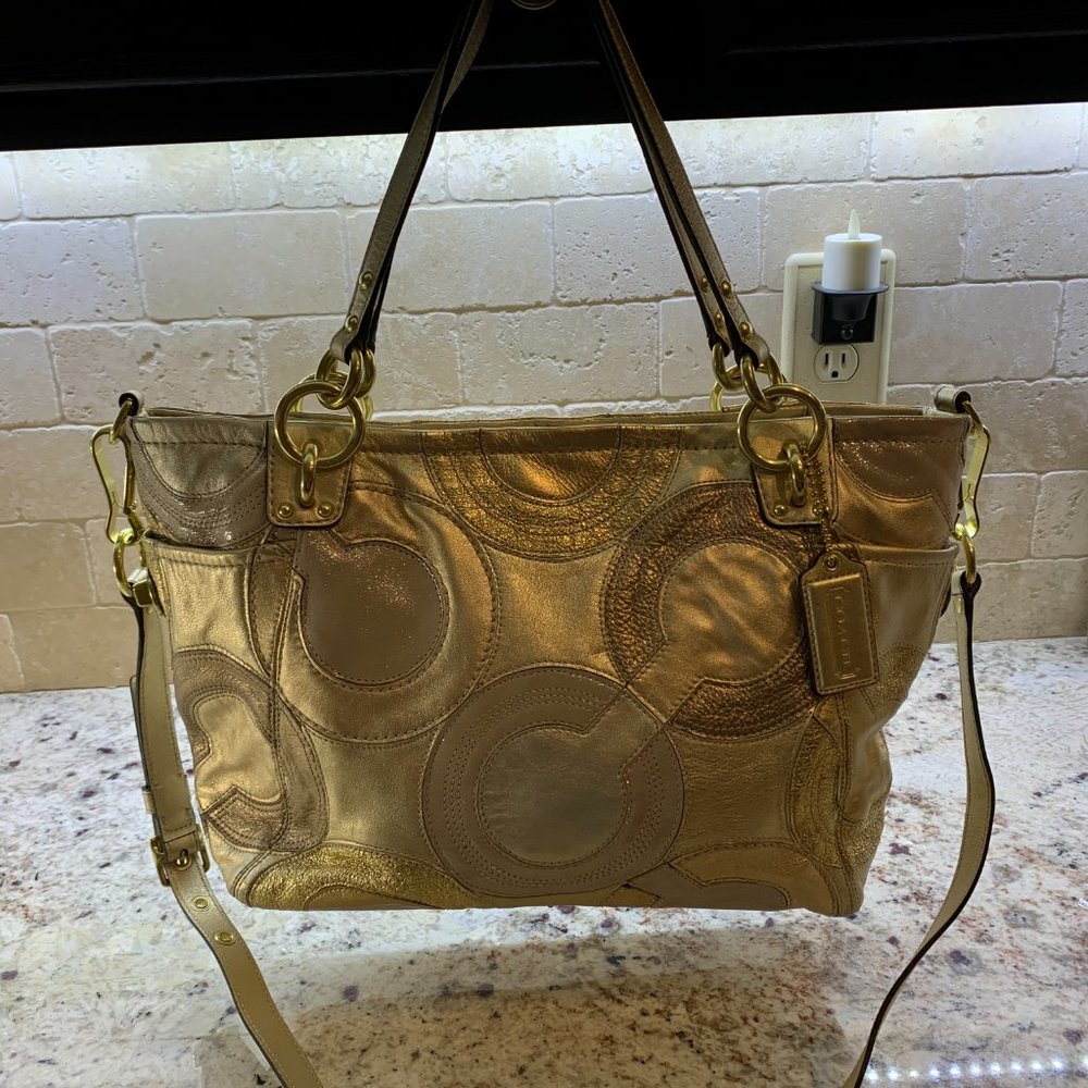 Coach Gold Inlaid Op Art Handbag 14833 Tote Crossbody - Picture 4 of 16